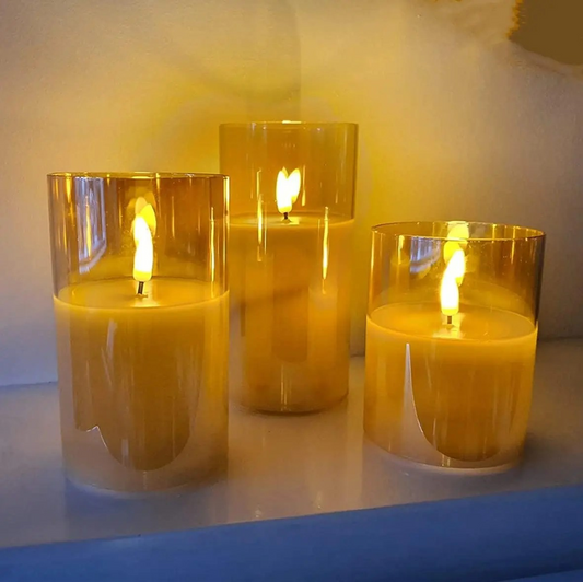 Gold Glass LED Candle Set of 3 – Flameless Remote-Controlled Candles