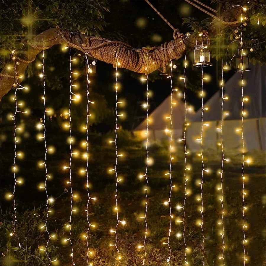 String lights hanging from a branch with a blurred background