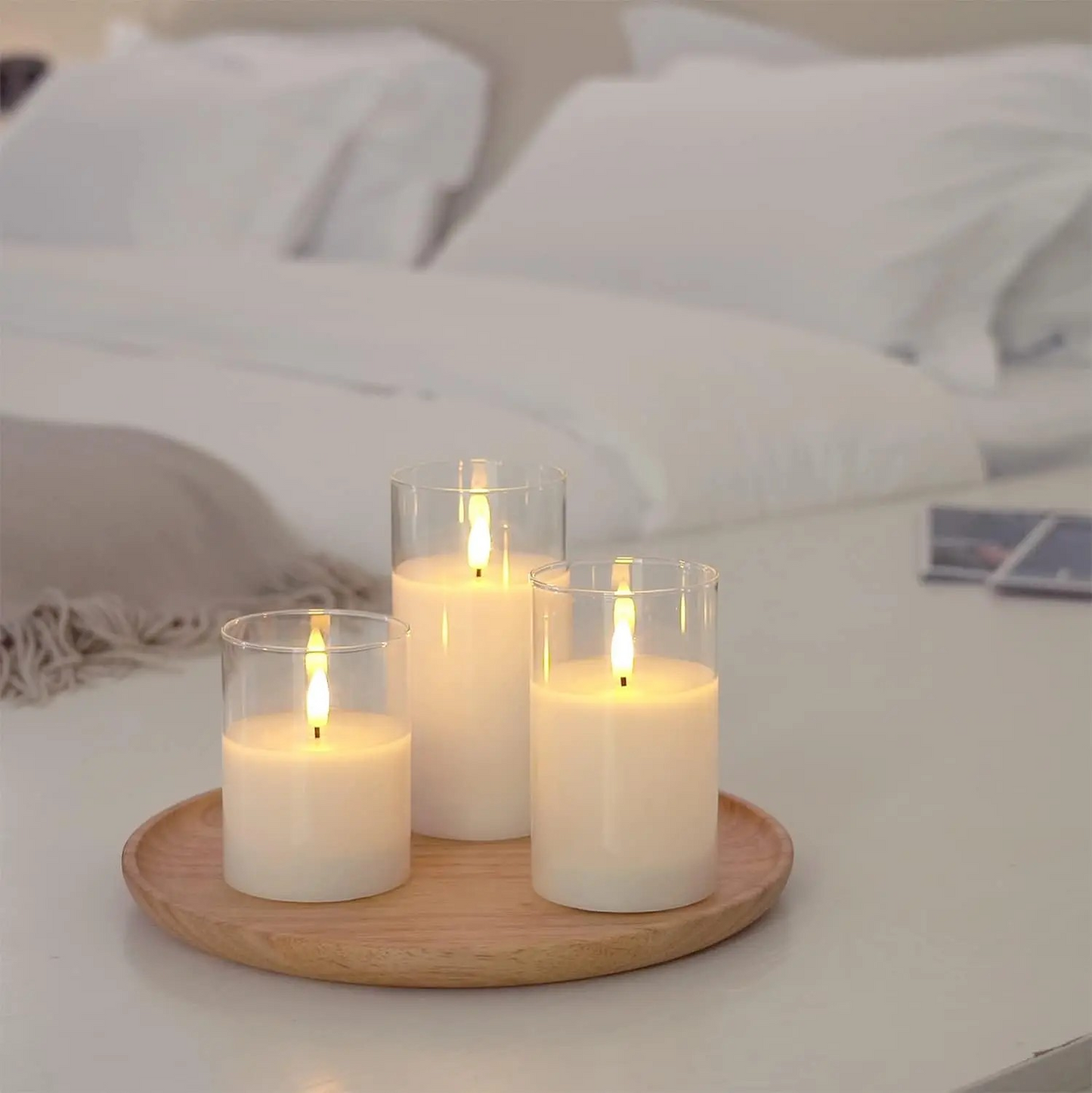 White Glass LED Candle Set of 3 – Flameless Remote-Controlled Candles