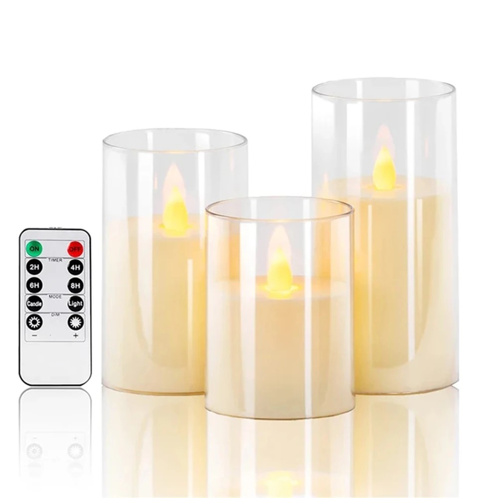 White Glass LED Candle Set of 3 – Flameless Remote-Controlled Candles