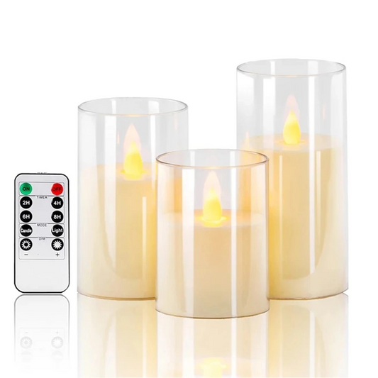 White Glass LED Candle Set of 3 – Flameless Remote-Controlled Candles
